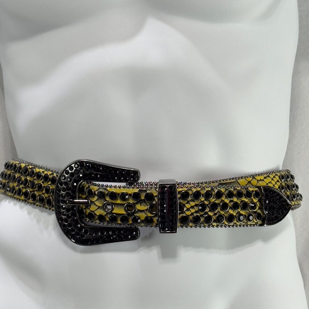 DNA Yellow Black Crystal Studded Western Belt Buckle Premium Wear Leather Size M